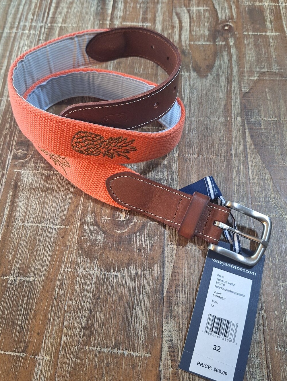 Vineyard Vines Pineapple Canvas Club Belt - Orange Size 32 Mens NWT!